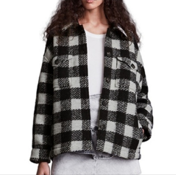 Allsaints Women Fenix Wool Blend Check Jacket Size US 2 In Black White Oversized - Picture 1 of 11